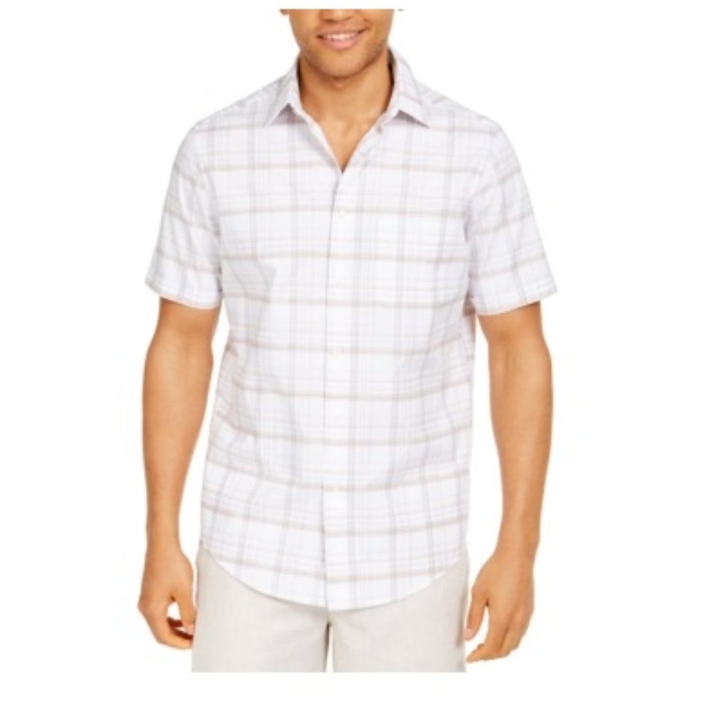NWT TASSO ELBA White Plaid Collared Classic Fit Button Down Shirt M $55 P0044